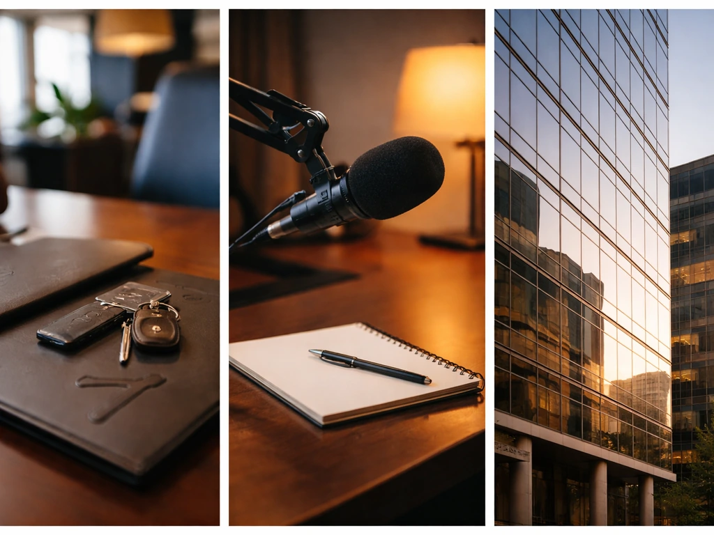 Minimal three-panel photo collage showing an office desk, podcast microphone, and corporate building facade.