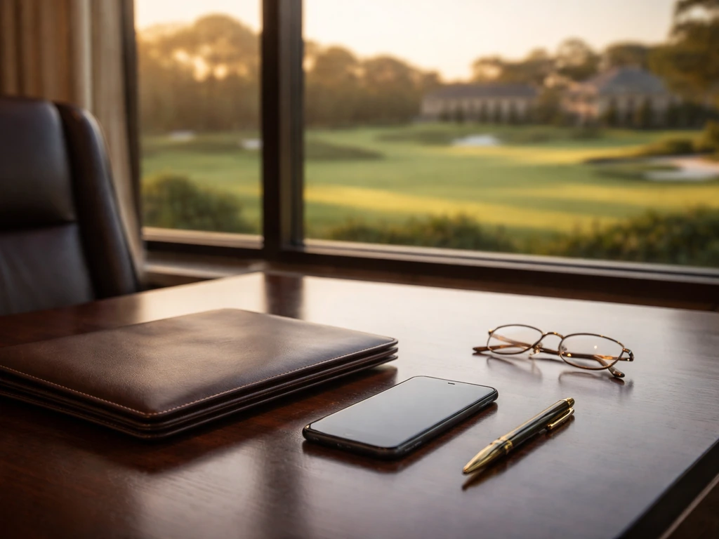Anonymous executive desk with golf course view through a window, symbolizing hospitality leadership and wealth.