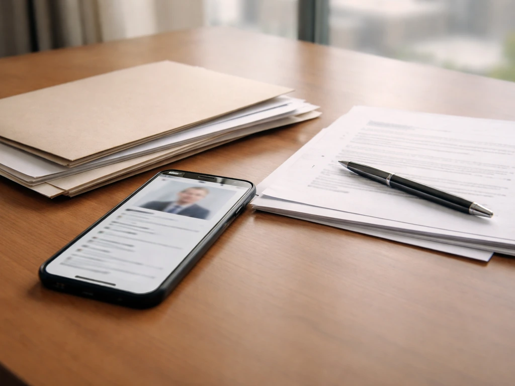 Minimal desk scene with a smartphone showing an executive profile page and supporting documents nearby
