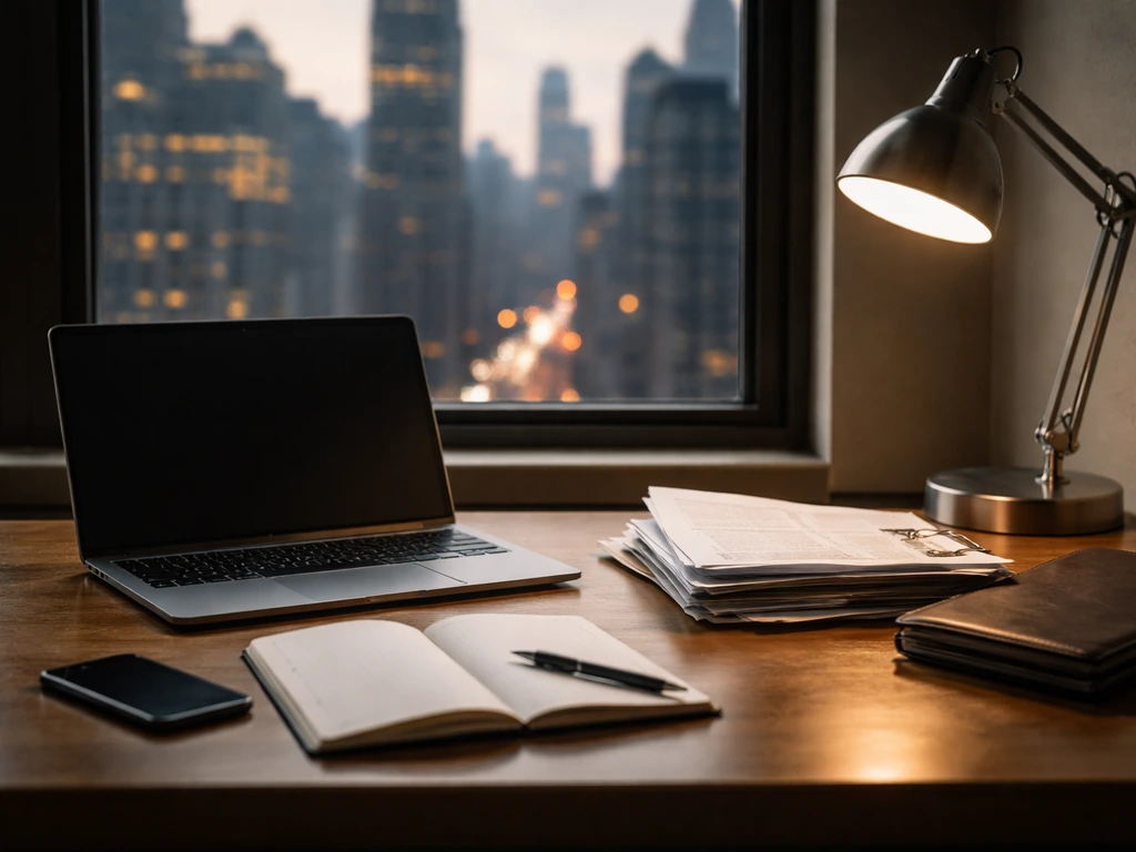 Minimal New York office desk scene symbolizing verifying a founder’s net worth, with laptop and city view.