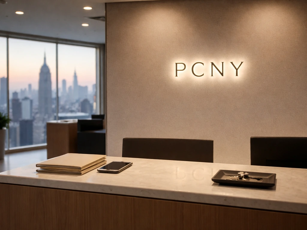 Minimal office reception with a PCNY-style sign and a blurred New York skyline through the window.