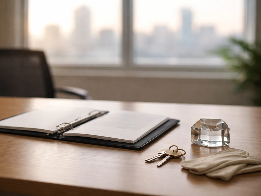 Minimal photo of a modern office desk with a binder, keys, and a blurred city skyline symbolizing business equity.