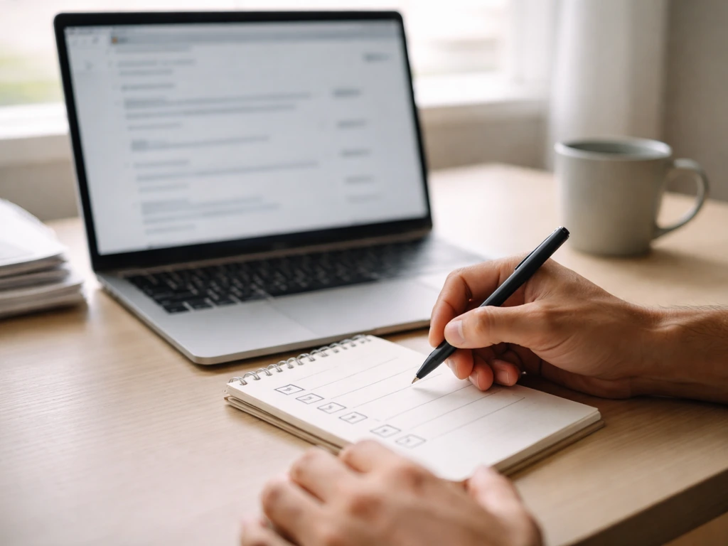 Hand holding a stylus over a laptop checklist while researching public business and property records