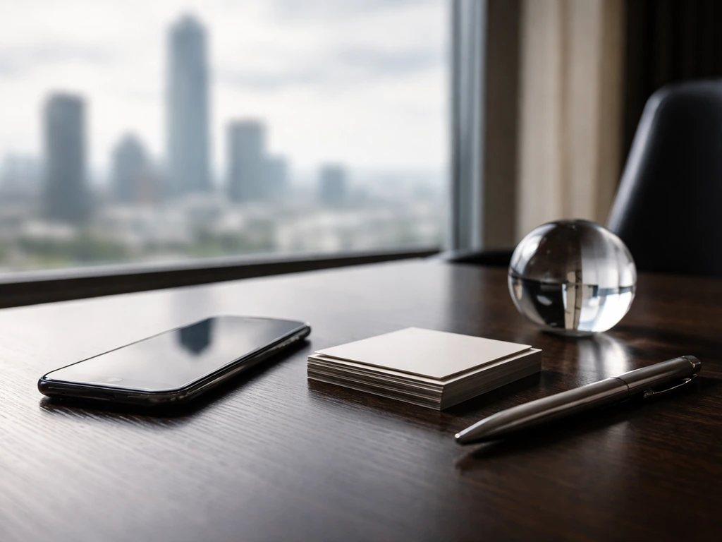 Minimal office desk scene suggesting tech wealth and media analysis, with blurred city skyline beyond
