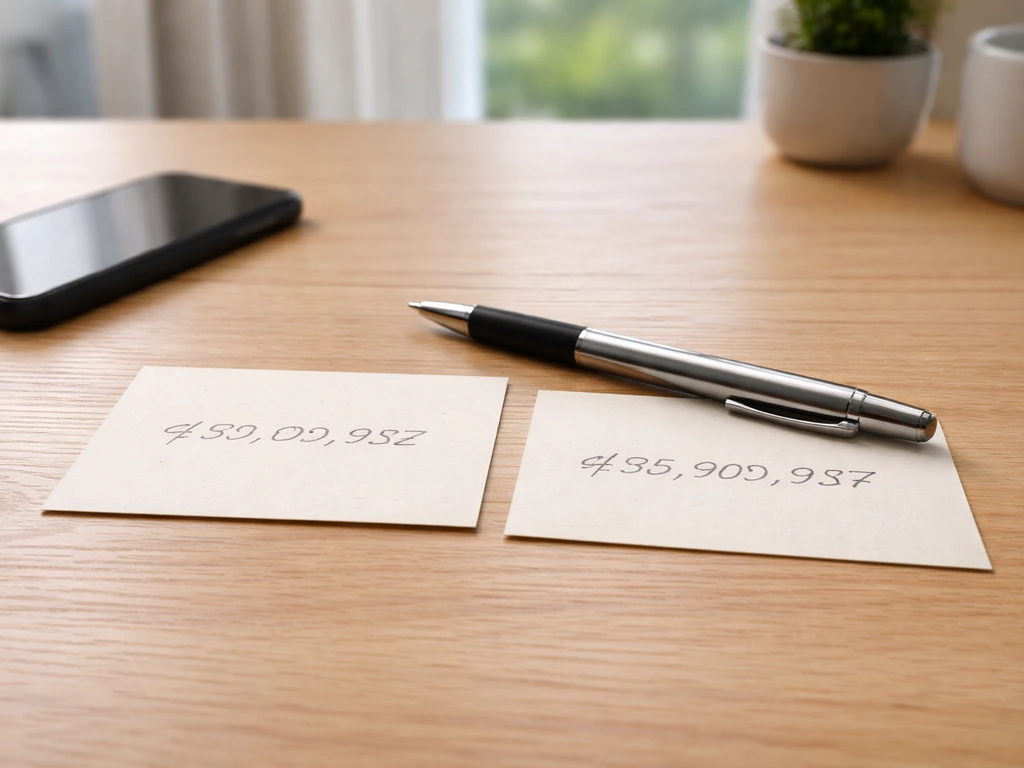 Two blank index cards on a desk with a pen and smartphone, suggesting different billionaires valuation sources.
