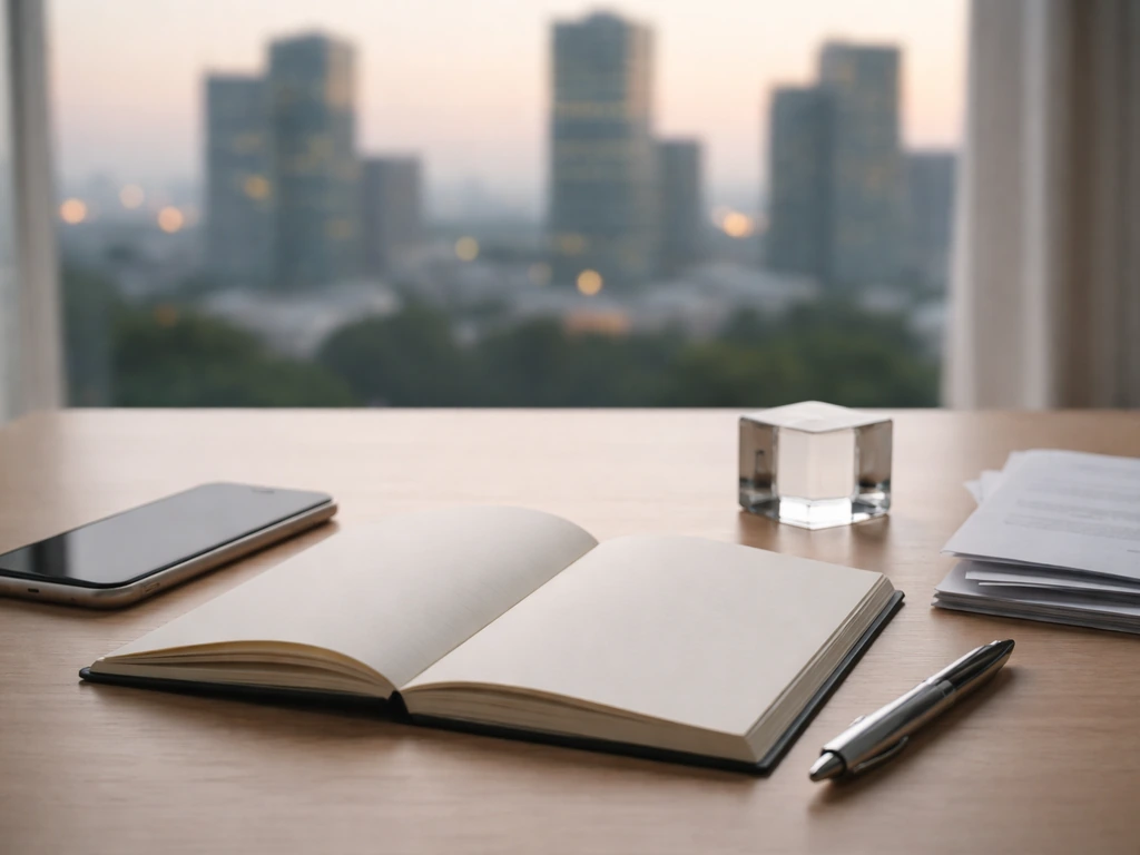 Minimal finance desk with blank papers, pen, phone, and a blurred city skyline at dusk.