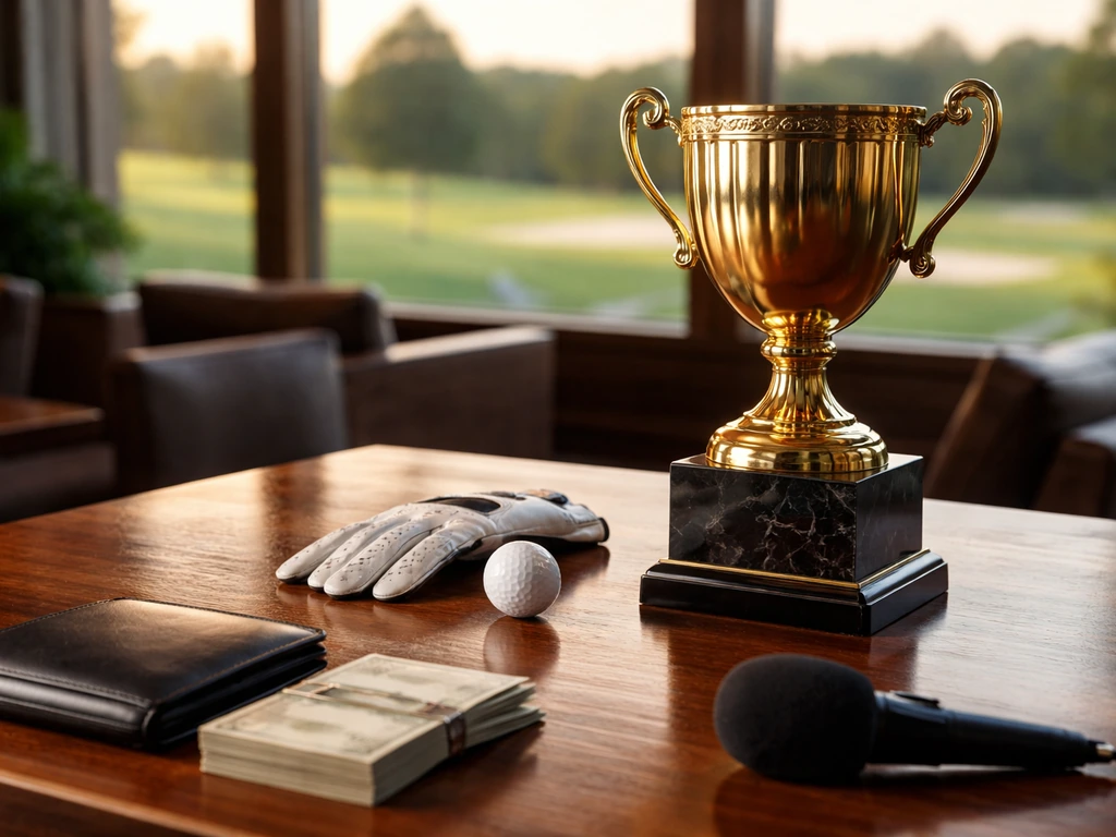 Anonymous luxury golf scene with a trophy and financial symbolism in a calm clubhouse setting