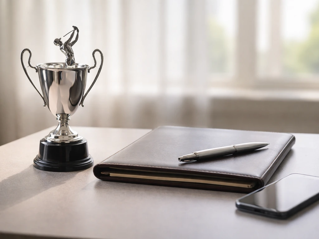 Polished trophy on a simple desk beside binder and pen, symbolizing PGA Tour prize earnings