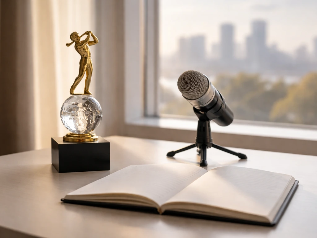 Golf trophy on a desk next to a microphone with a blurred city skyline background