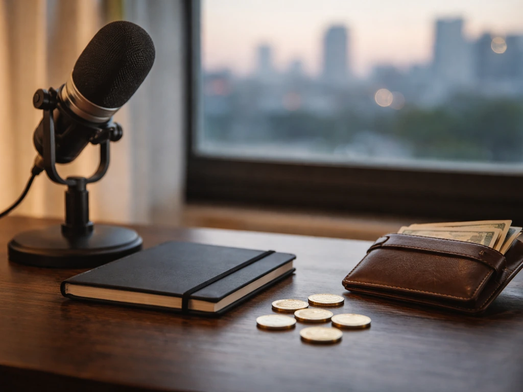 Desk with microphone and wallet with cash, symbolic of wealth comparison and analysis