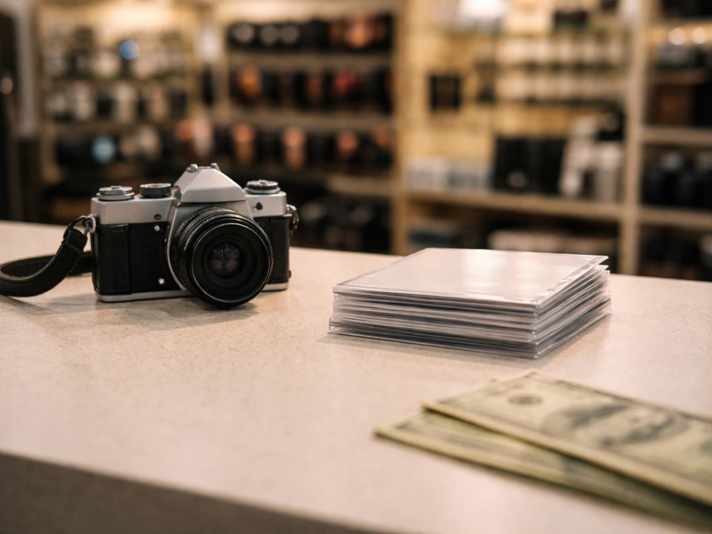 Minimal photo of a quiet retail camera-and-electronics counter with soft money symbolism nearby