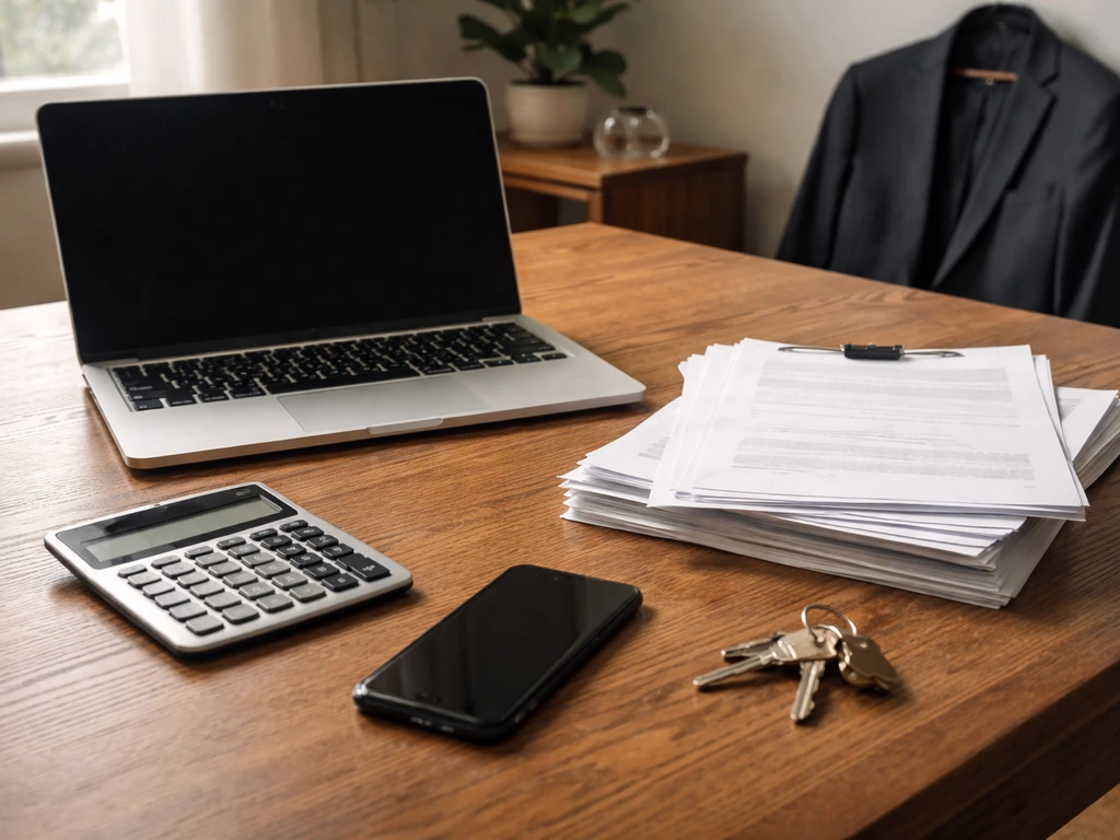 Minimal office desk with financial documents and a calculator beside a laptop in soft daylight