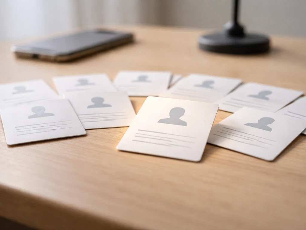 Close-up of several identical profile cards with one highlighted by a subtle light, symbolizing name disambiguation.
