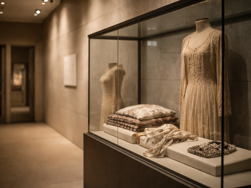 Glass display case with vintage fashion garments in a quiet museum gallery