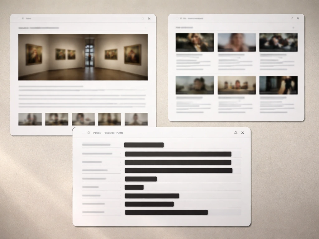 Minimal collage of web-like evidence sources: museum page, press listings, and obscured public-record portal