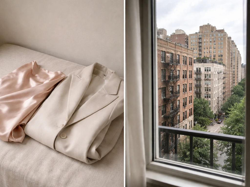Minimal split scene of luxury fashion items and a city real-estate view symbolizing wealth gains and losses.