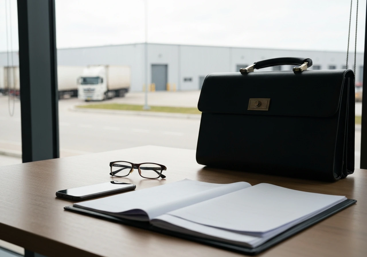 Minimal office desk with logistics documents and a distant cargo truck through a window, no people shown.