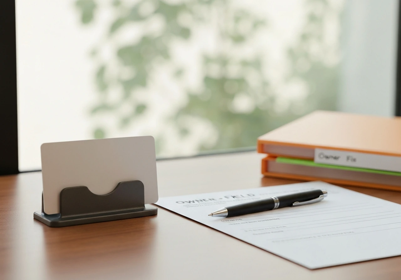 Close-up of blank address and owner-field property records on a desk with a pen, shown in natural light.
