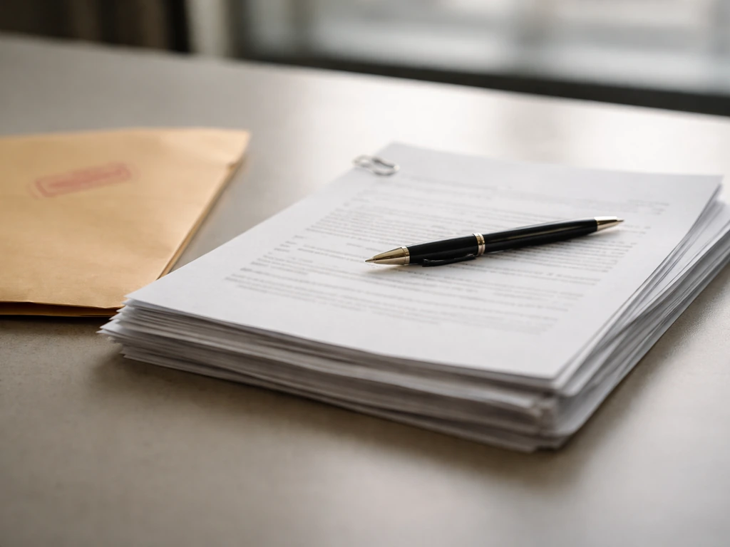 Close-up of ERISA litigation documents on a desk with a pen and stamped envelope, no readable text.
