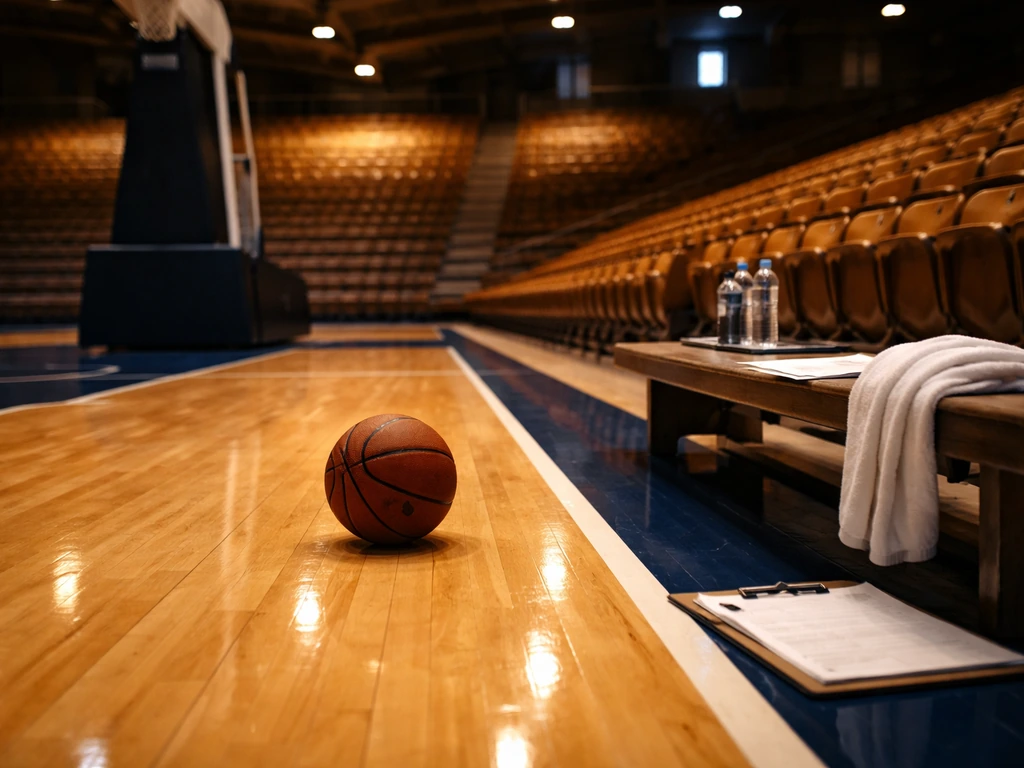 Empty basketball court sideline with a single basketball and warm arena lighting, no visible people.