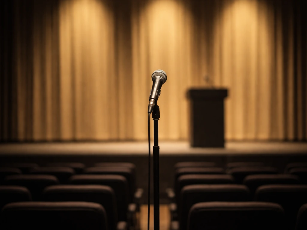 Minimal keynote speaking setup with a microphone and stage lighting in a quiet auditorium