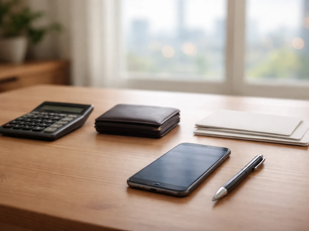 Minimal desk scene with calculator, wallet, pen, and smartphone implying finance net worth calculation