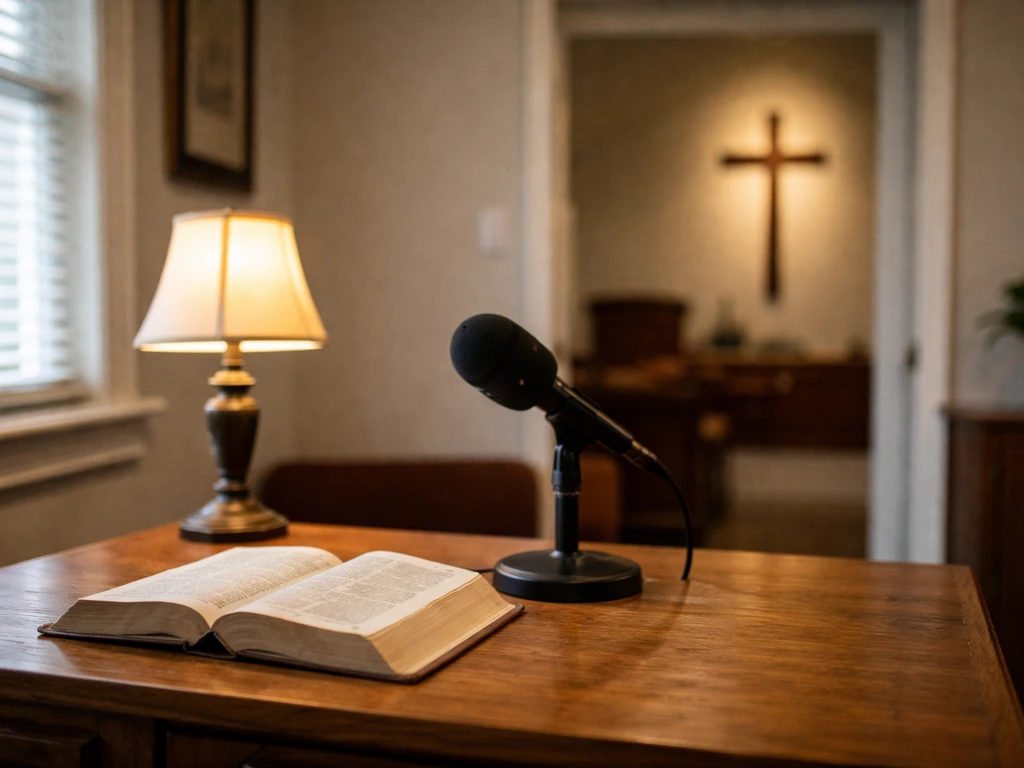 Empty church office desk with microphone and Bible, softly blurred cross in the background, warm natural light.
