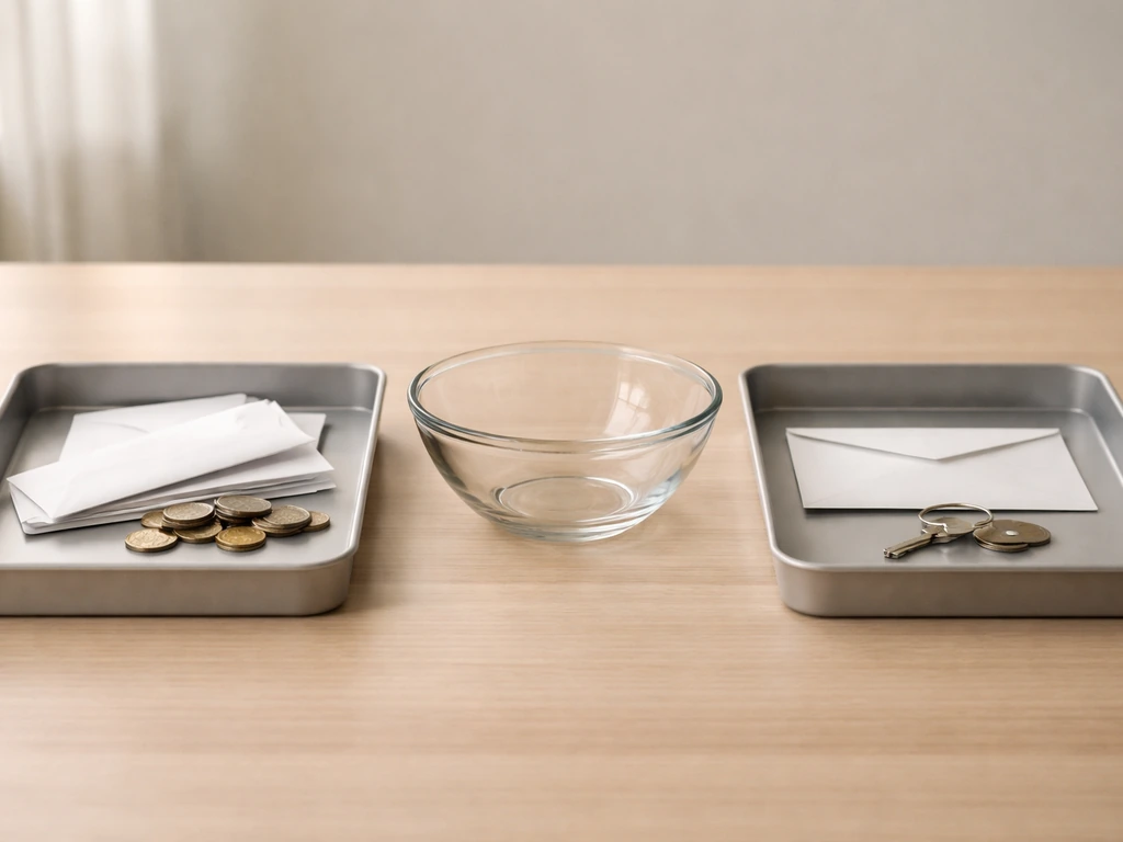 Minimal desk scene showing assets vs liabilities concept with envelopes, coins, and a central glass bowl