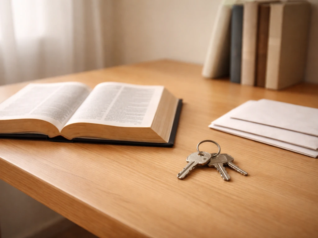 Minimal photo of a pastor’s study desk with a key, house keys, and a small stack of envelopes