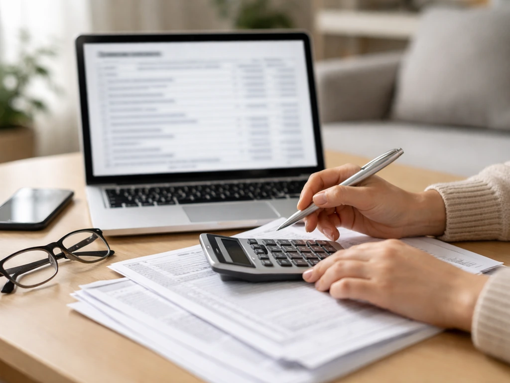 Hands reviewing a laptop screen with blurred nonprofit financial fields on a quiet desk.