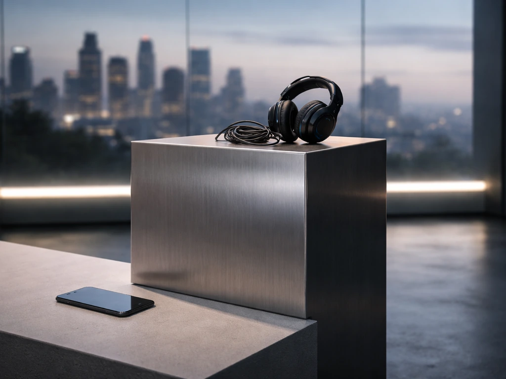 Empty tech event stage with a podium, headset, and phone, symbolizing social gaming entrepreneurship.