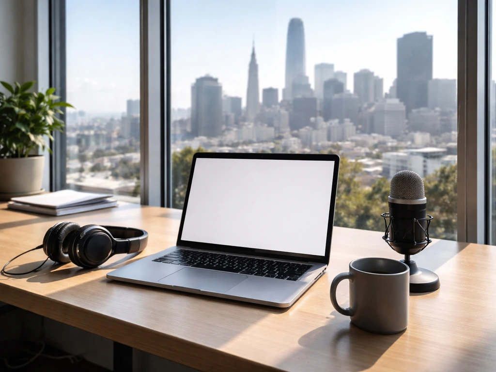 Empty tech office desk with laptop, microphone, and headphones, city view in soft window light.
