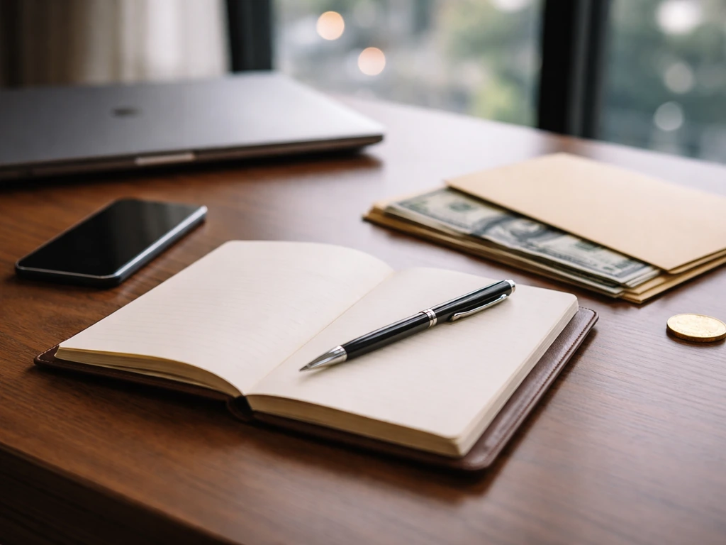 Minimal desk scene with notebook, pen, smartphone, and money symbolizing a career wealth timeline