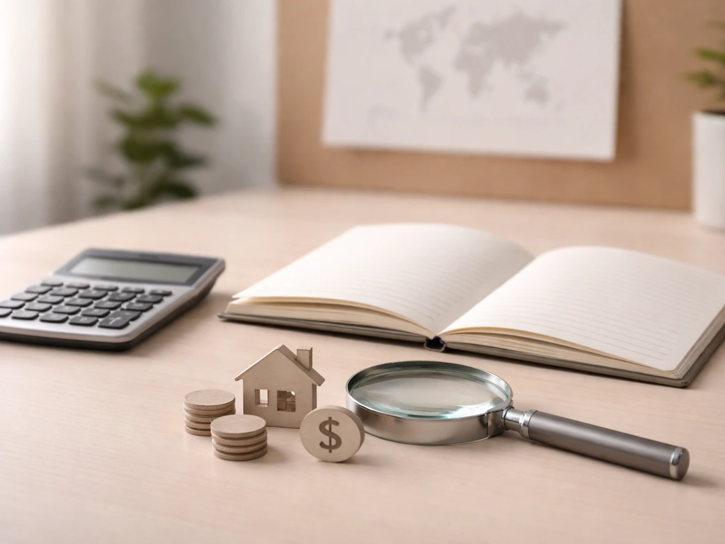 Open notebook with calculator and magnifying glass over financial icons, neutral office desk scene