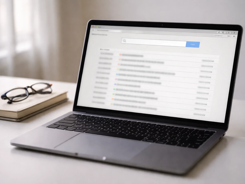 Minimal photo of an anonymous laptop showing a blank search results style interface for financial record checking