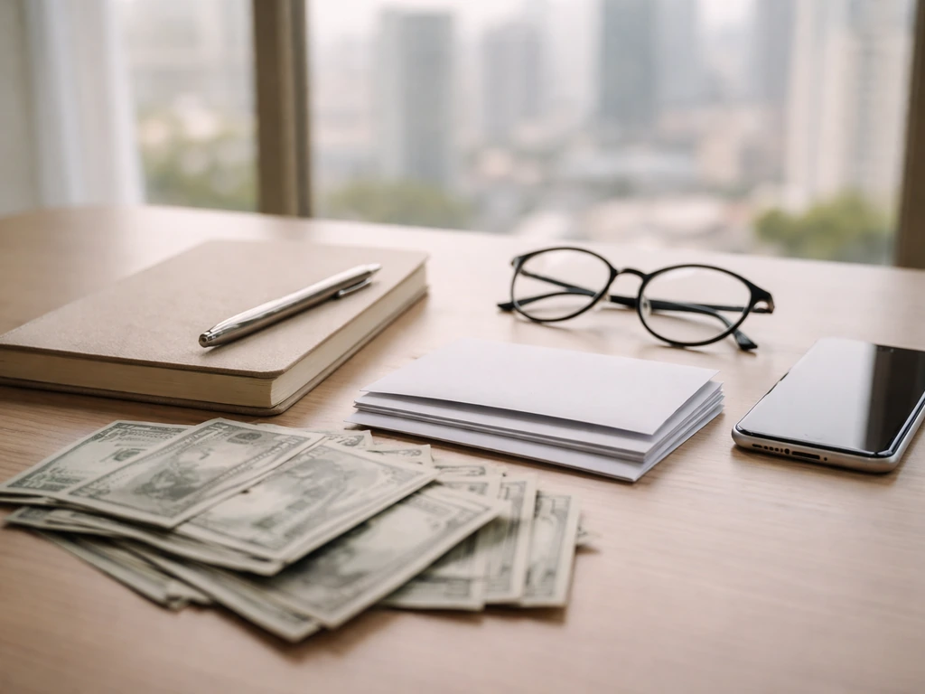 Minimal finance desk with pen, smartphone, blank envelopes, and soft city window light, symbolizing layered income.