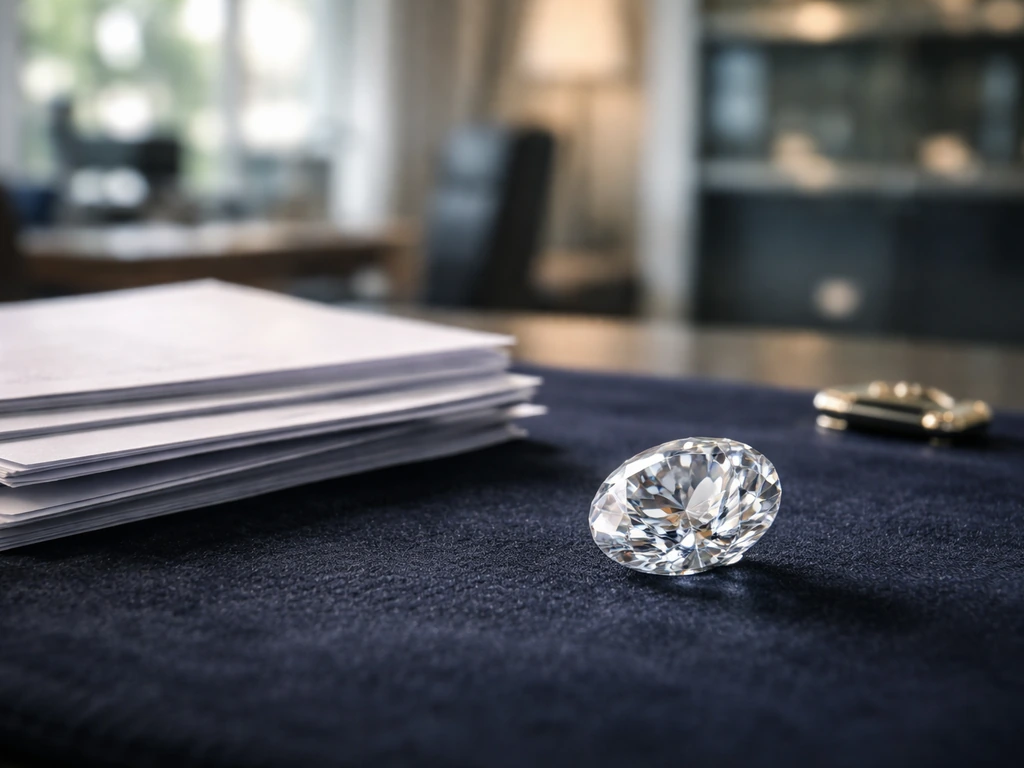 Diamond trade themed desk scene with a diamond, business documents, and soft cash-like textures