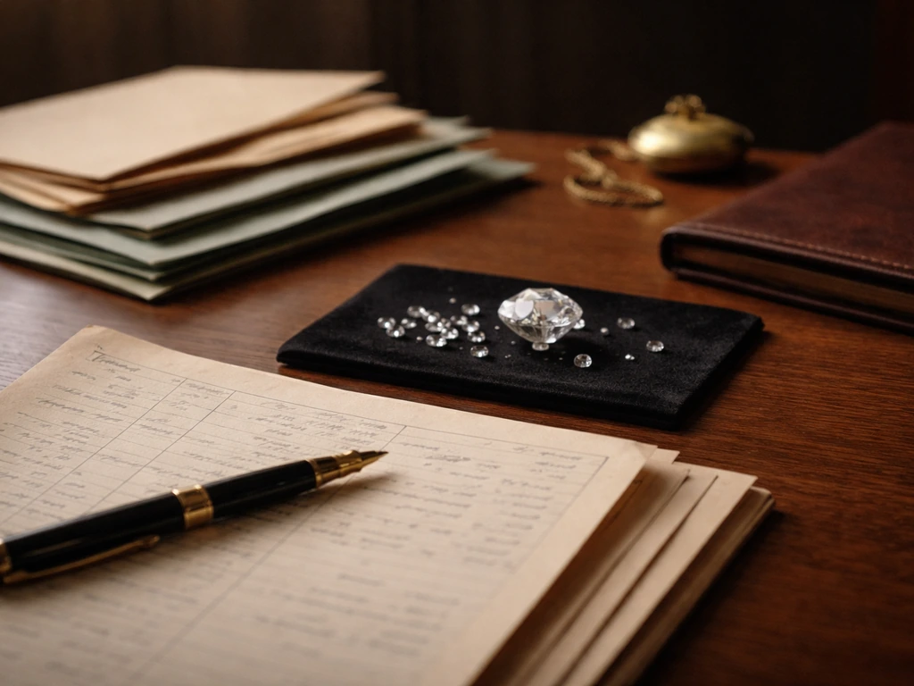 A vintage desk scene with diamonds, ledger-style paper, and a fountain pen suggesting a diamond business timeline