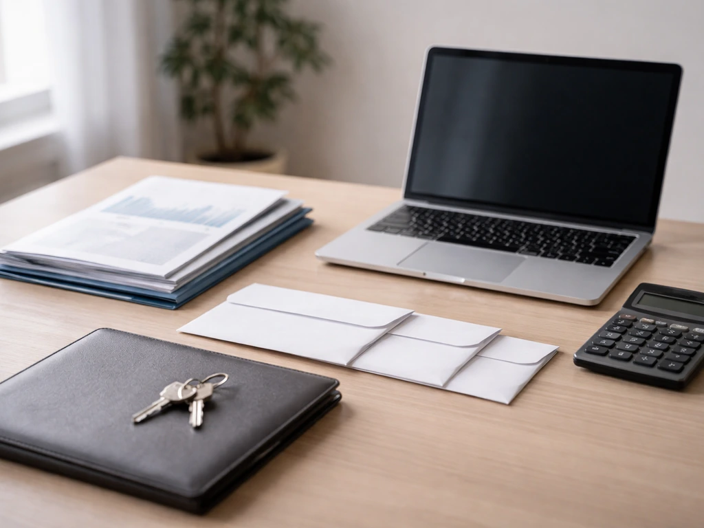 Minimal office desk scene with laptop, calculator, envelopes, and documents suggesting indirect net worth estimation inp
