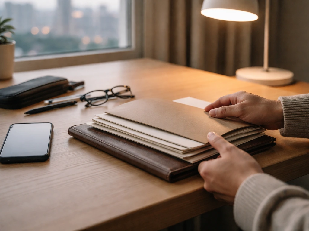 Hands organizing documents and a smartphone on a desk, suggesting self-verification and identity checks.