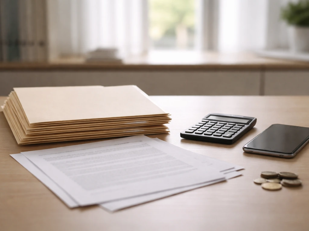 Minimal photo of an anonymous desk with public-record folders and a calculator, symbolizing verifying a net-worth estima