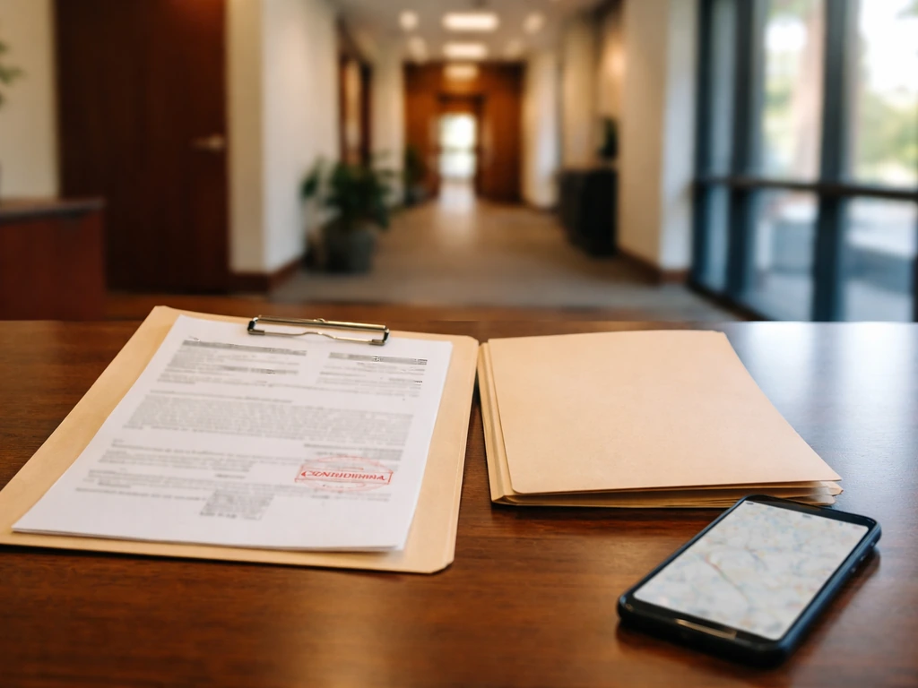 Open folder with stamped documents on a desk, office lobby background, suggesting identity verification.