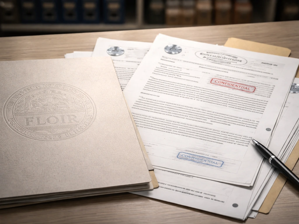 Overlapping regulatory document pages and stamped filings on a desk, showing primary-source evidence.
