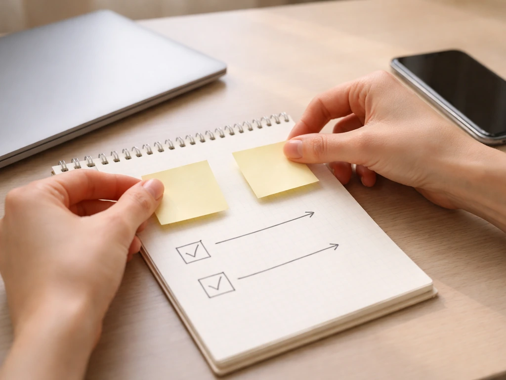 Hand placing sticky notes on a small notepad beside a laptop showing an online report list