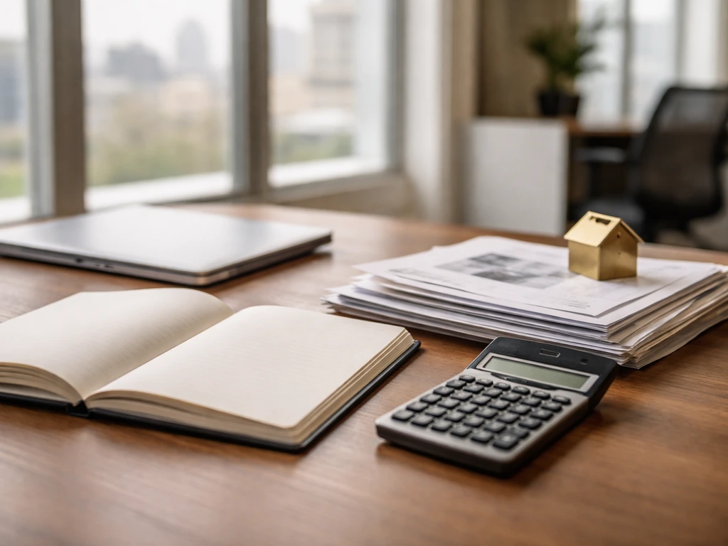 Minimal office scene with a laptop, documents, and a calculator suggesting verified finance research