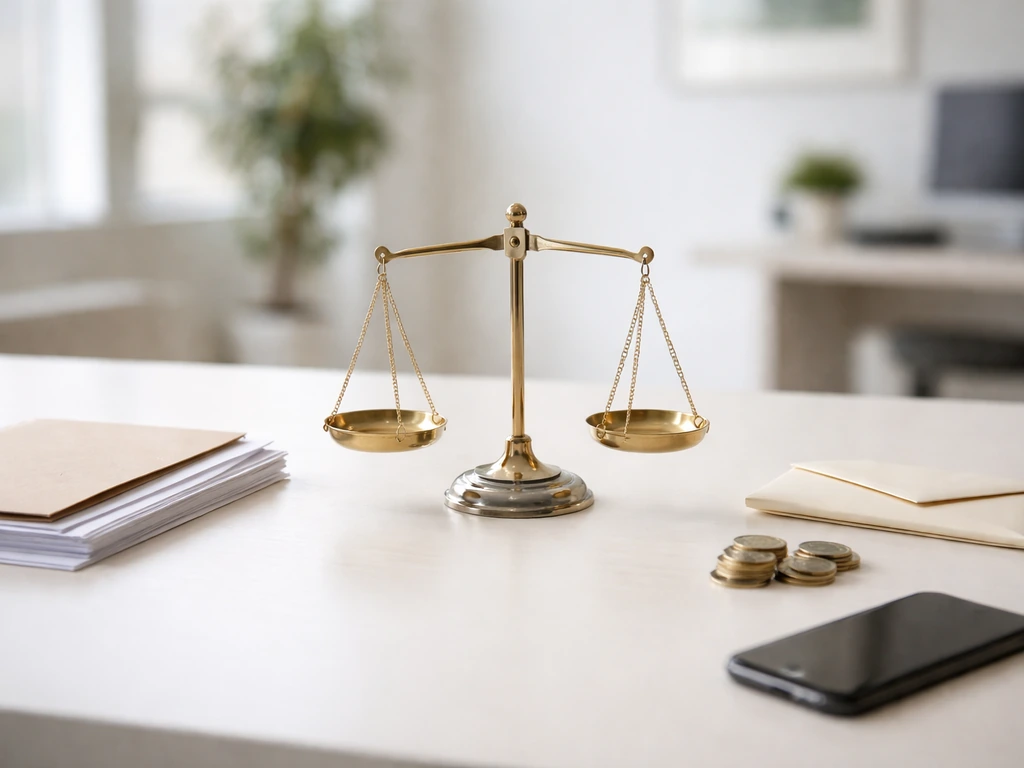 Minimal office scene showing a calculator beside a folder and a simple balance scale symbolizing assets vs liabilities.