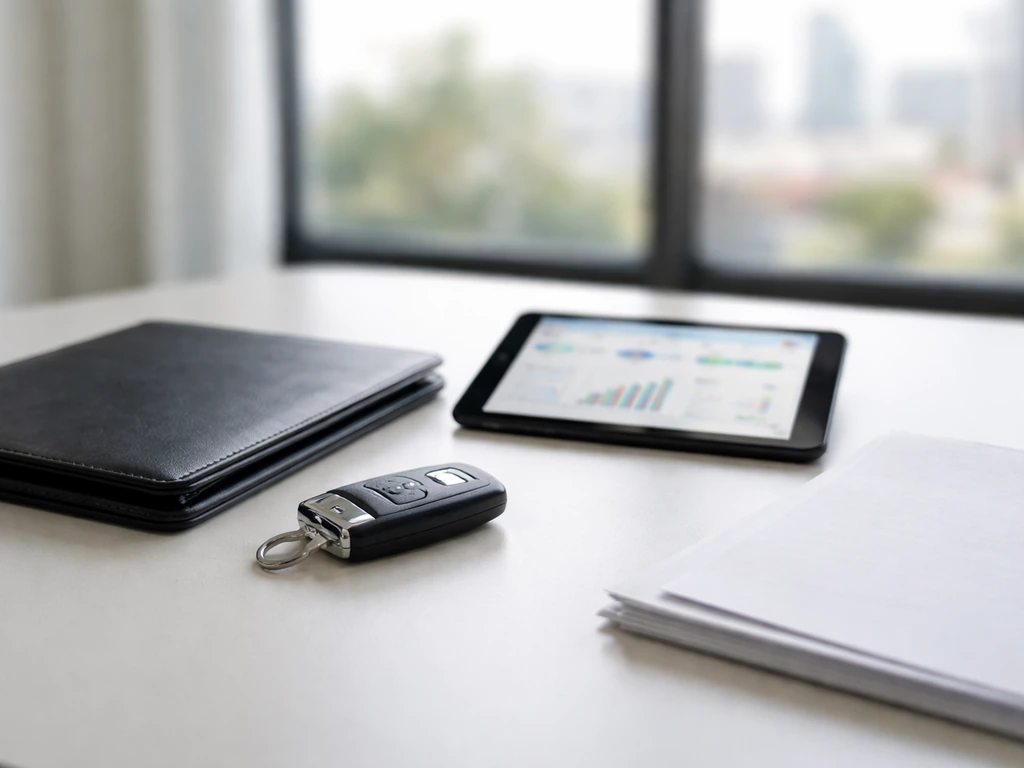 Minimal desk scene with a neatly placed car key fob, tablet, and documents suggesting executive compensation