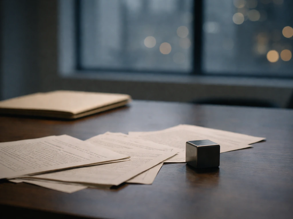 A dim office desk with scattered paperwork, a closed folder, and a small weight symbolizing hidden liabilities.