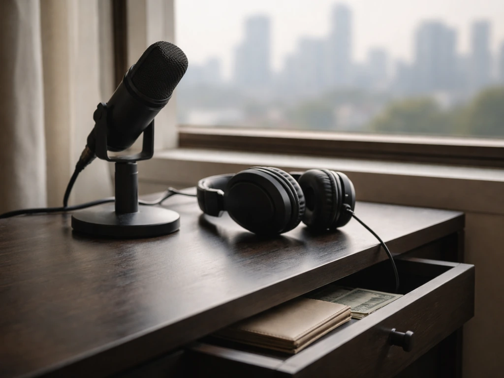 Minimal office desk with a music-themed microphone and money-related props symbolizing identity checking.
