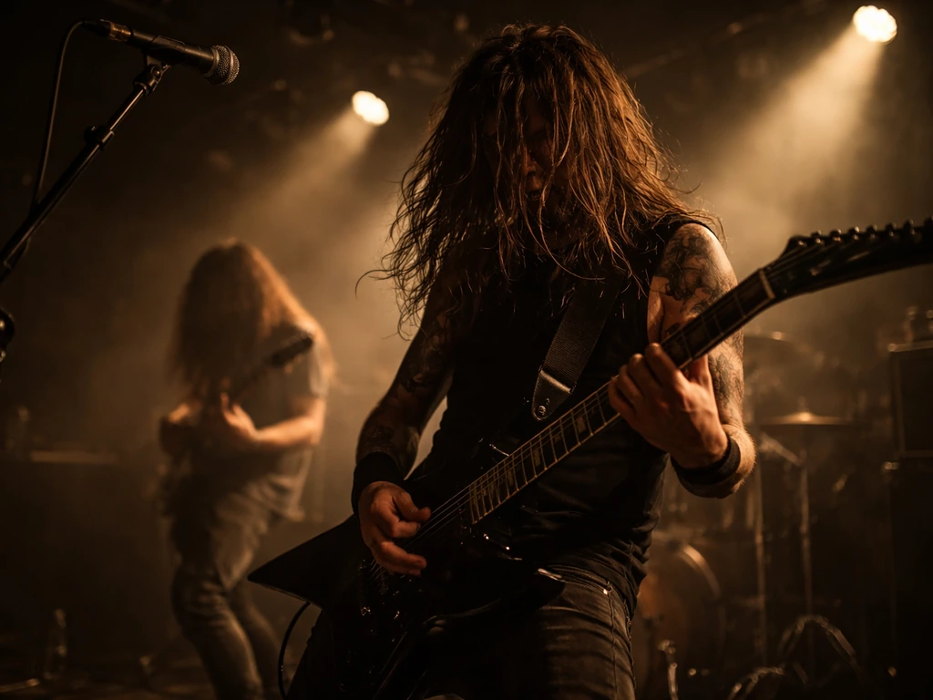 Heavy metal guitarist playing onstage under warm lights during a live concert, smoky atmosphere.